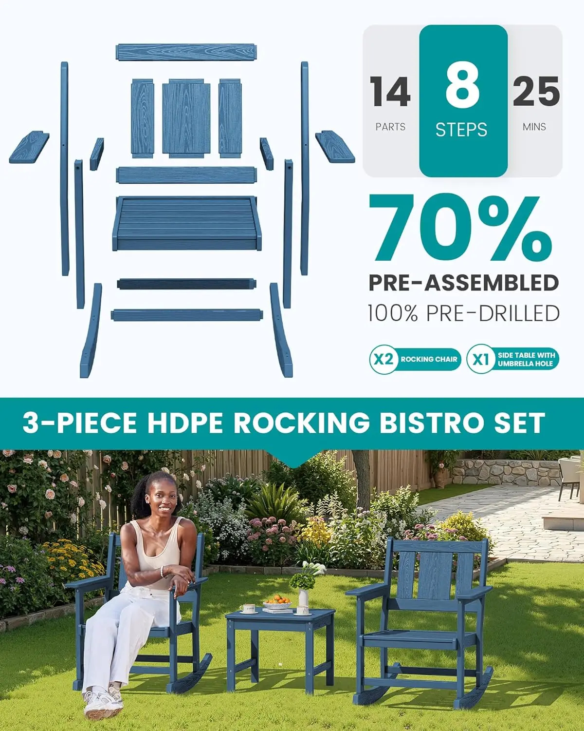 HDPE All-Weather 3pc Outdoor Rocking Chair & Side Table Set with 9ft Patio Umbrella, Blue, Customized