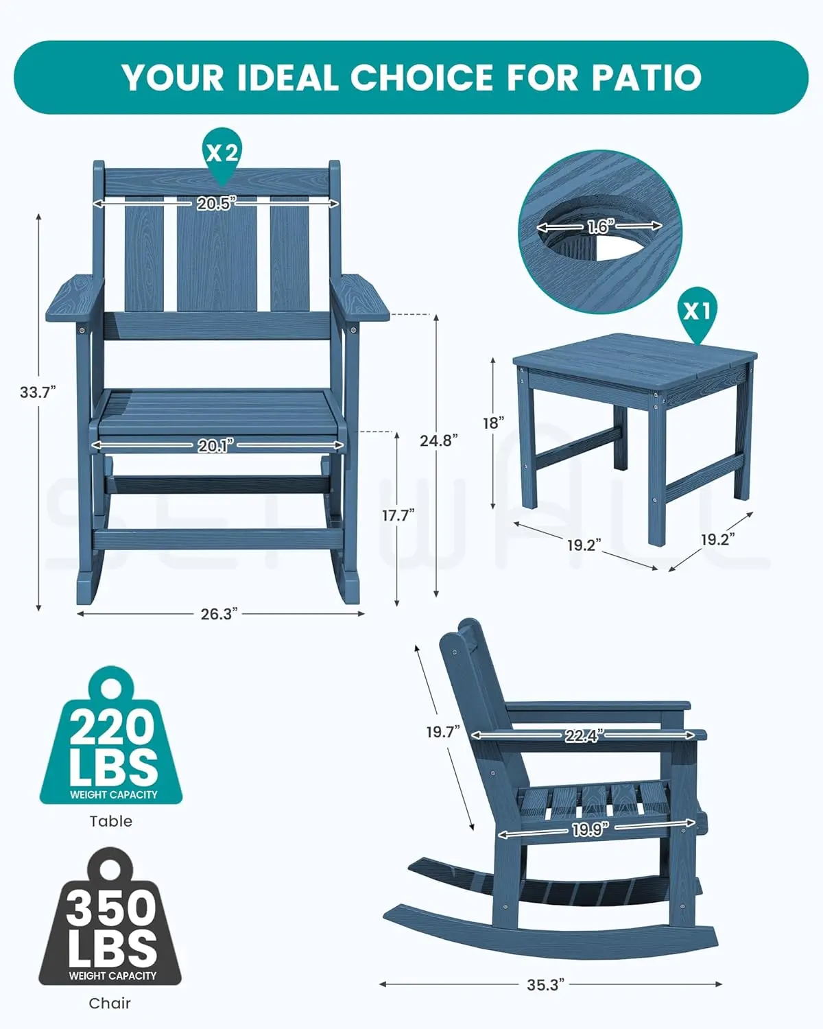 HDPE All-Weather 3pc Outdoor Rocking Chair & Side Table Set with 9ft Patio Umbrella, Blue, Customized