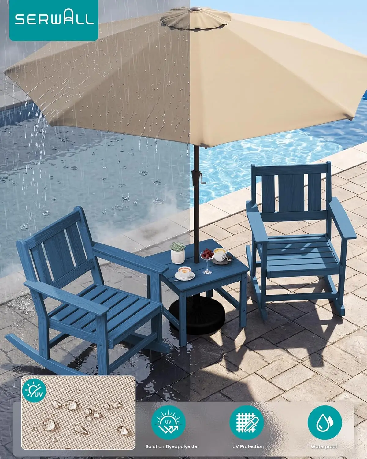 HDPE All-Weather 3pc Outdoor Rocking Chair & Side Table Set with 9ft Patio Umbrella, Blue, Customized