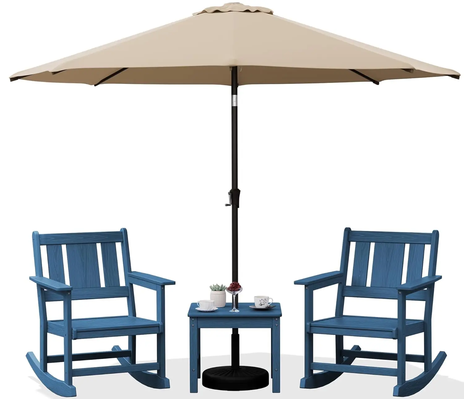 HDPE All-Weather 3pc Outdoor Rocking Chair & Side Table Set with 9ft Patio Umbrella, Blue, Customized