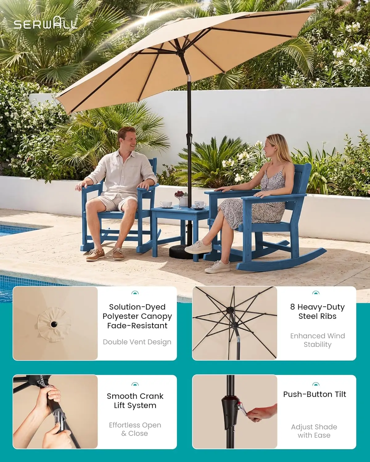 HDPE All-Weather 3pc Outdoor Rocking Chair & Side Table Set with 9ft Patio Umbrella, Blue, Customized