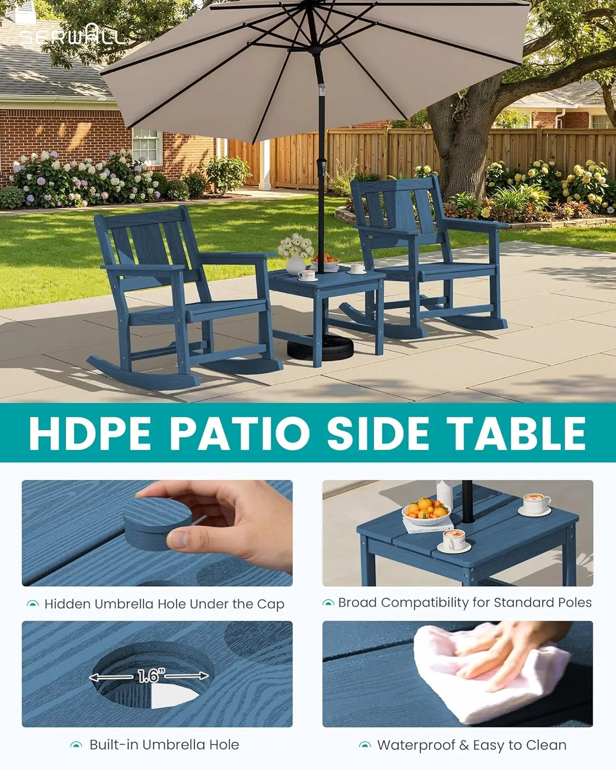 HDPE All-Weather 3pc Outdoor Rocking Chair & Side Table Set with 9ft Patio Umbrella, Blue, Customized