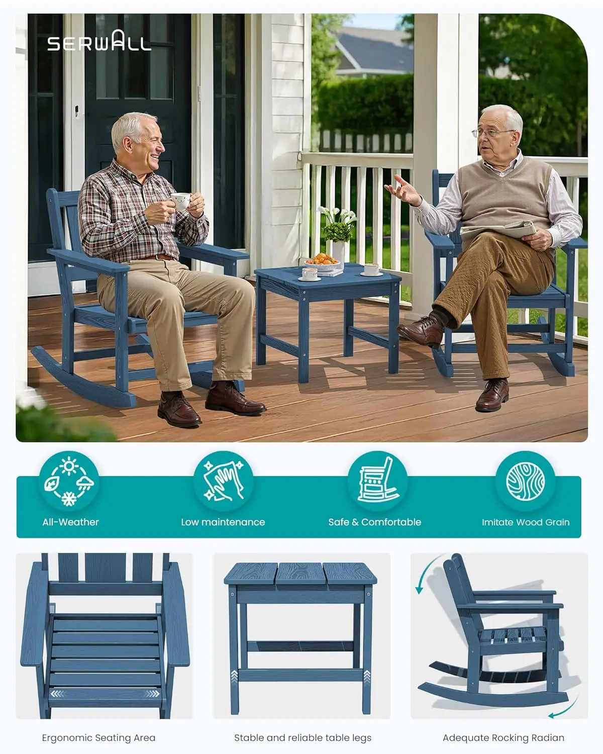 HDPE All-Weather 3pc Outdoor Rocking Chair & Side Table Set with 9ft Patio Umbrella, Blue, Customized
