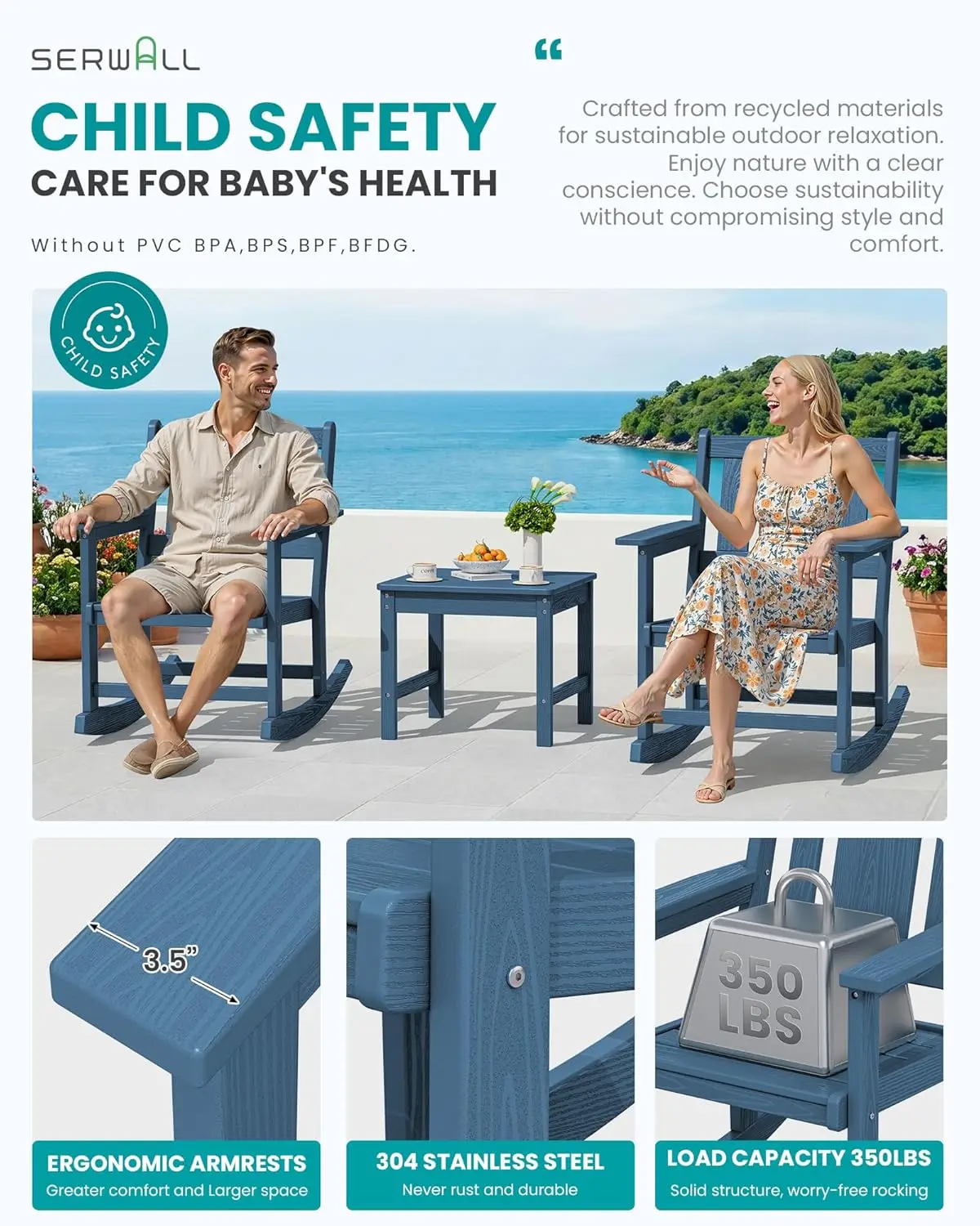 HDPE All-Weather 3pc Outdoor Rocking Chair & Side Table Set with 9ft Patio Umbrella, Blue, Customized