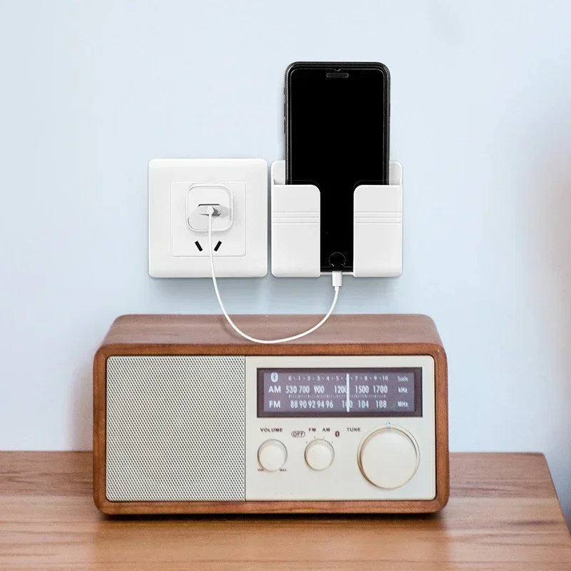 Wall Mount Phone Holder White Punch Free Wall Mobile Phones Charging Stand Lazy Sticky Remote Control Storage Box