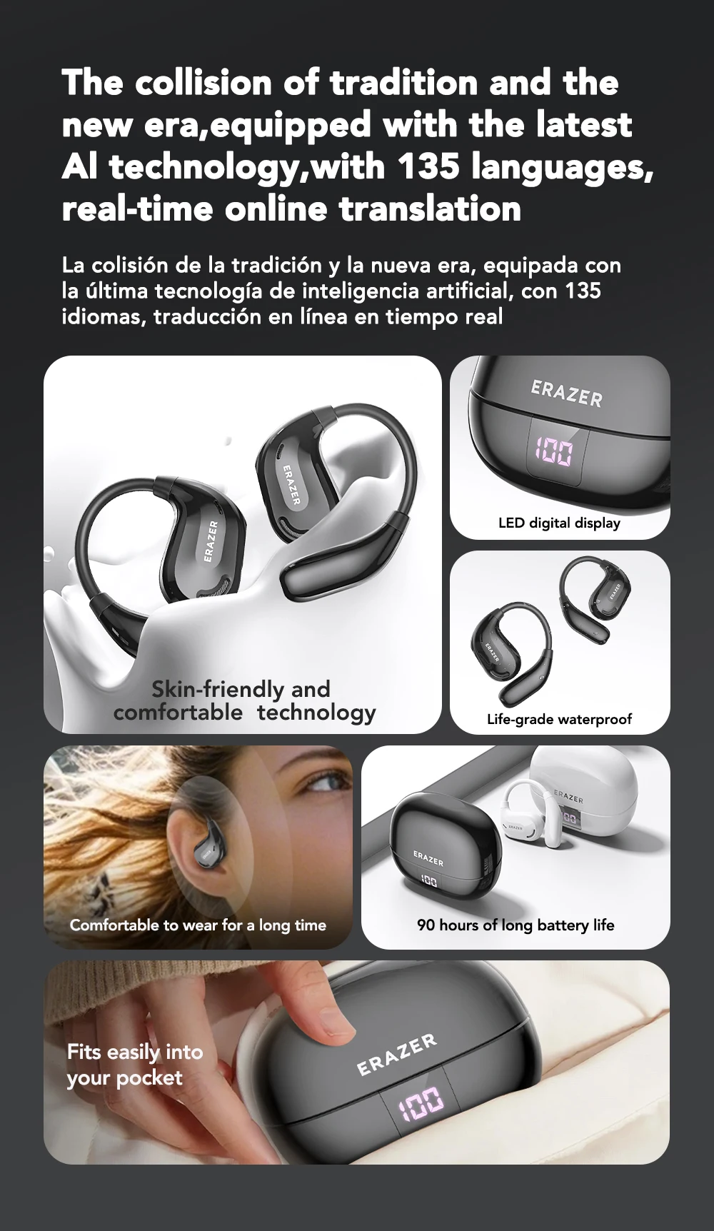 ERAZER XT66PRO Bluetooth Earphones ASMR Headsets DIY APP AI Translator Earbuds Wireless Headphones 13 Hours Long Life Display