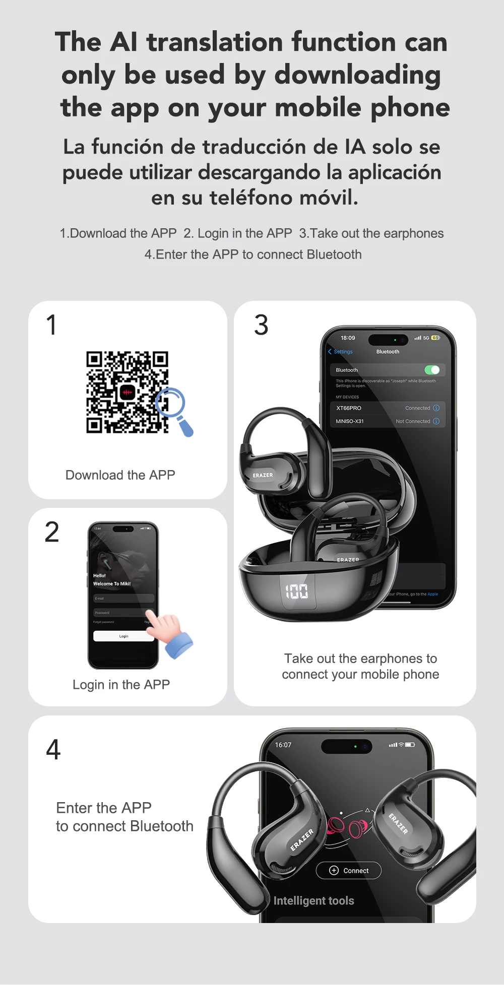 ERAZER XT66PRO Bluetooth Earphones ASMR Headsets DIY APP AI Translator Earbuds Wireless Headphones 13 Hours Long Life Display