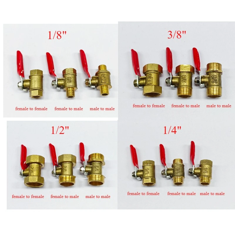 1/8' 1/4' 3/8' 1/2' Brass Small Ball Valve Female/Male Thread Brass Valve Connector Joint Copper Pipe Fitting Coupler Adapter