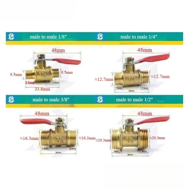 1/8' 1/4' 3/8' 1/2' Brass Small Ball Valve Female/Male Thread Brass Valve Connector Joint Copper Pipe Fitting Coupler Adapter