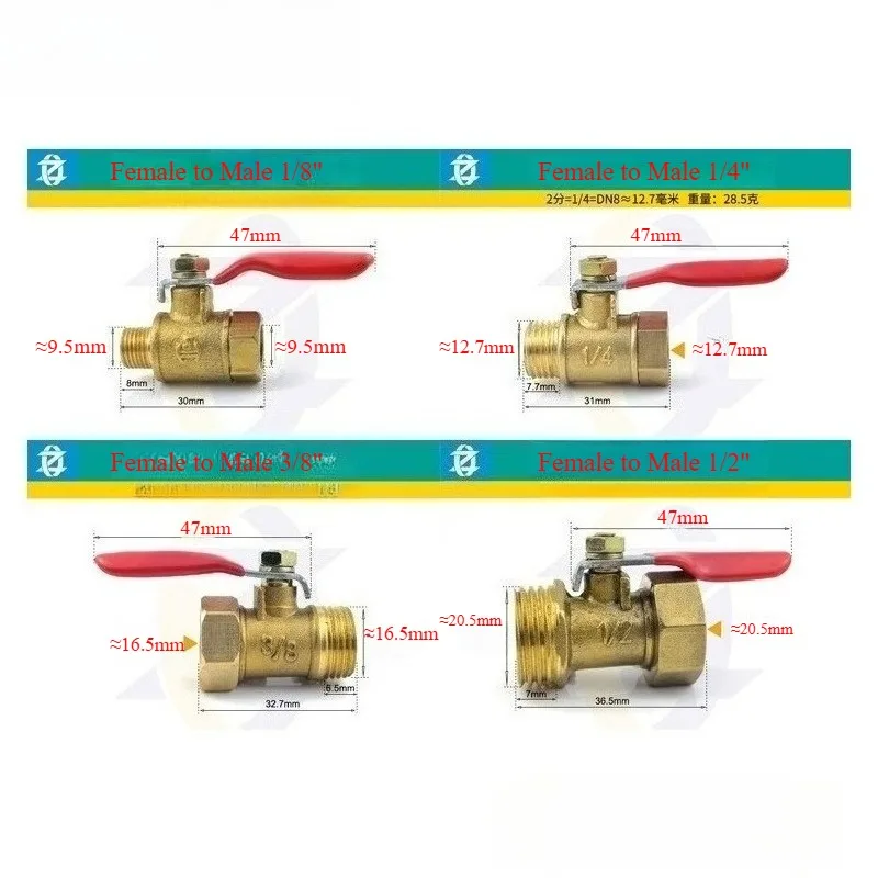 1/8' 1/4' 3/8' 1/2' Brass Small Ball Valve Female/Male Thread Brass Valve Connector Joint Copper Pipe Fitting Coupler Adapter