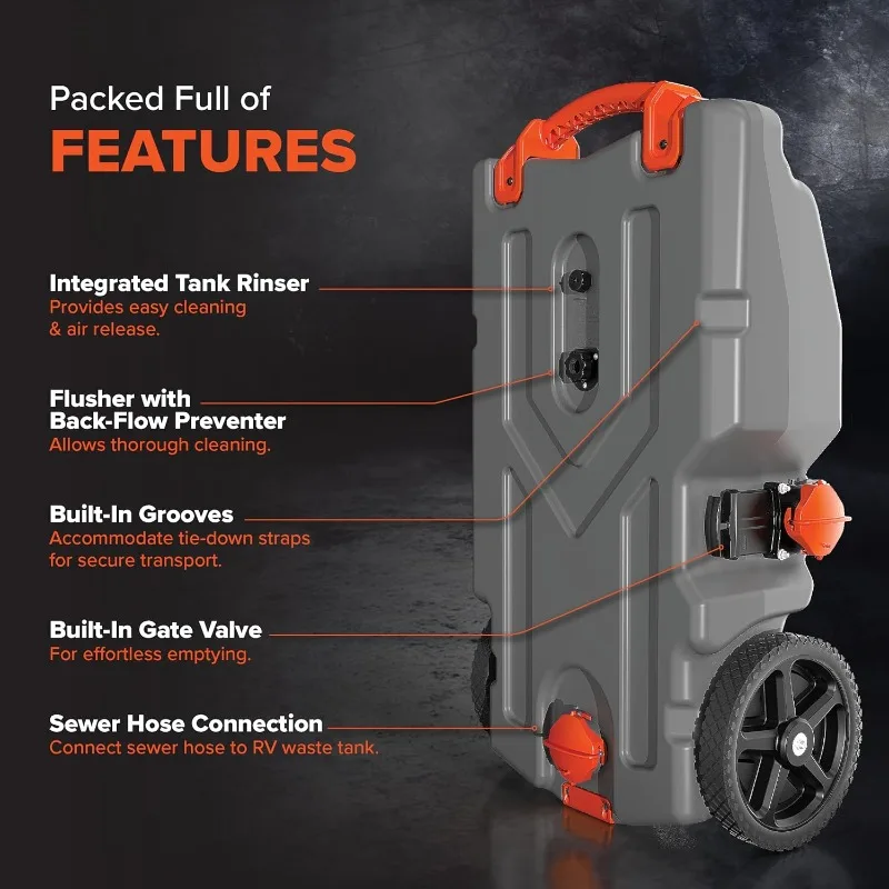 28-Gallon RV Tote Tank - Features Large Heavy-Duty No-Flat Wheels & Built-in Gate Valve - Removable Steel Tow Adapter, (39004)