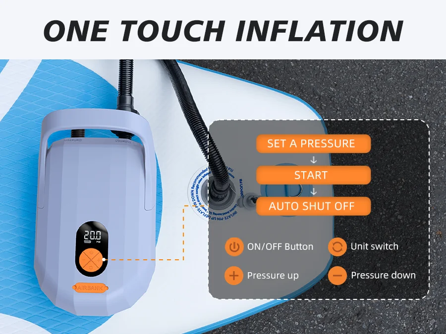 AIRBANK SUP Electric Air Pump with Battery 7800mAh 11.1V 20 PSI Max Rechargeable Battery Pump for Boards, Surf Kite
