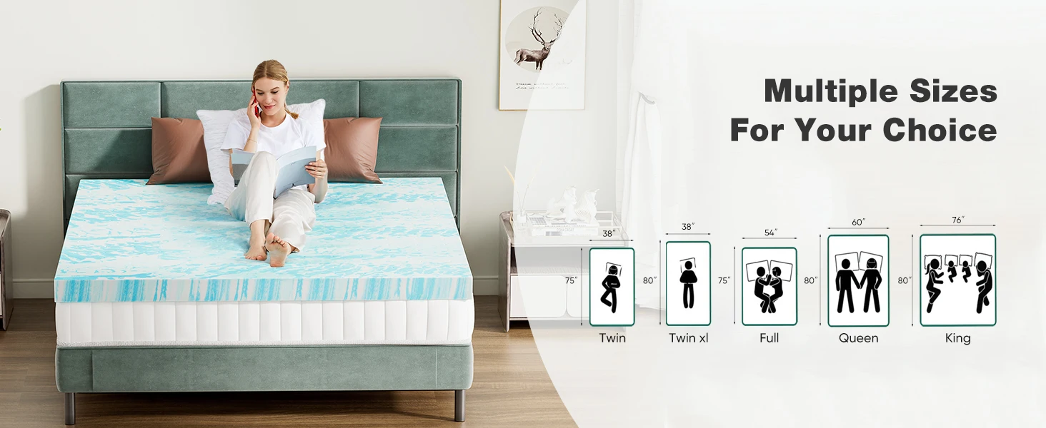 JHK 2 Inch Gel Memory Foam Mattress Topper Full Size Cooling Mattress Soft and Breathable Bed Topper School Bedroom Furniture