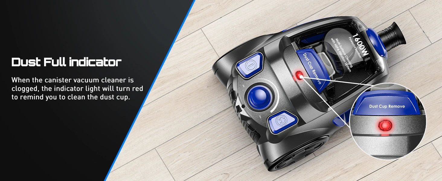 Canister Vacuum Cleaner, 40Kpa 1600W Powerful,3.7QT Large Dust Cup Vacuum for Hard Floors, Carpets, Pet Hair