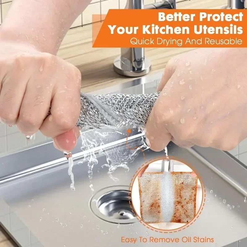 1/50pcs Magic Dishcloth Silver Wire Cleaning Kitchen Cloth Thickened Microfiber Wash Towel Built-in Sponge Steel Wire Ball Rag