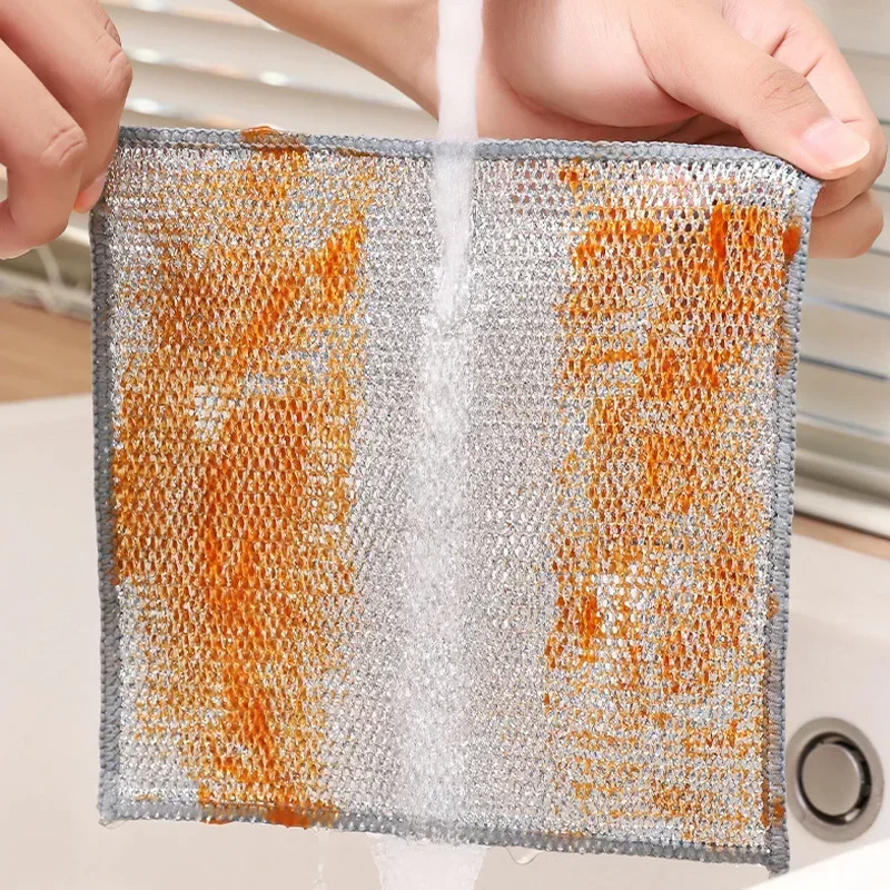 1/50pcs Magic Dishcloth Silver Wire Cleaning Kitchen Cloth Thickened Microfiber Wash Towel Built-in Sponge Steel Wire Ball Rag