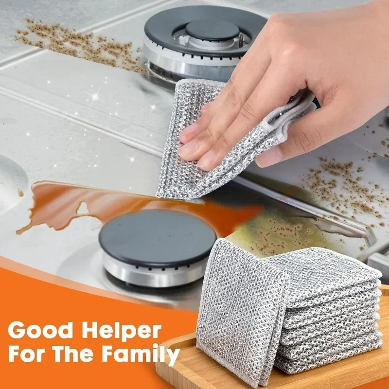 1/50pcs Magic Dishcloth Silver Wire Cleaning Kitchen Cloth Thickened Microfiber Wash Towel Built-in Sponge Steel Wire Ball Rag
