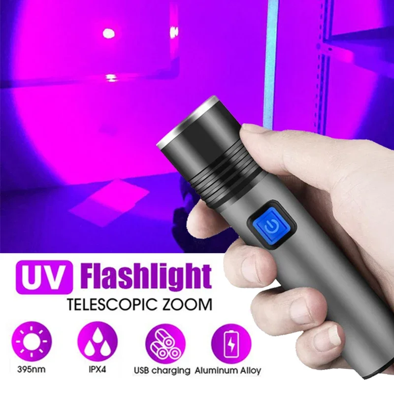 395nm UV Flashlight Blacklight USB Rechargeable Zoomable UV Light Ultraviolet Flashlight for Pet Urine Detector Resin Curing