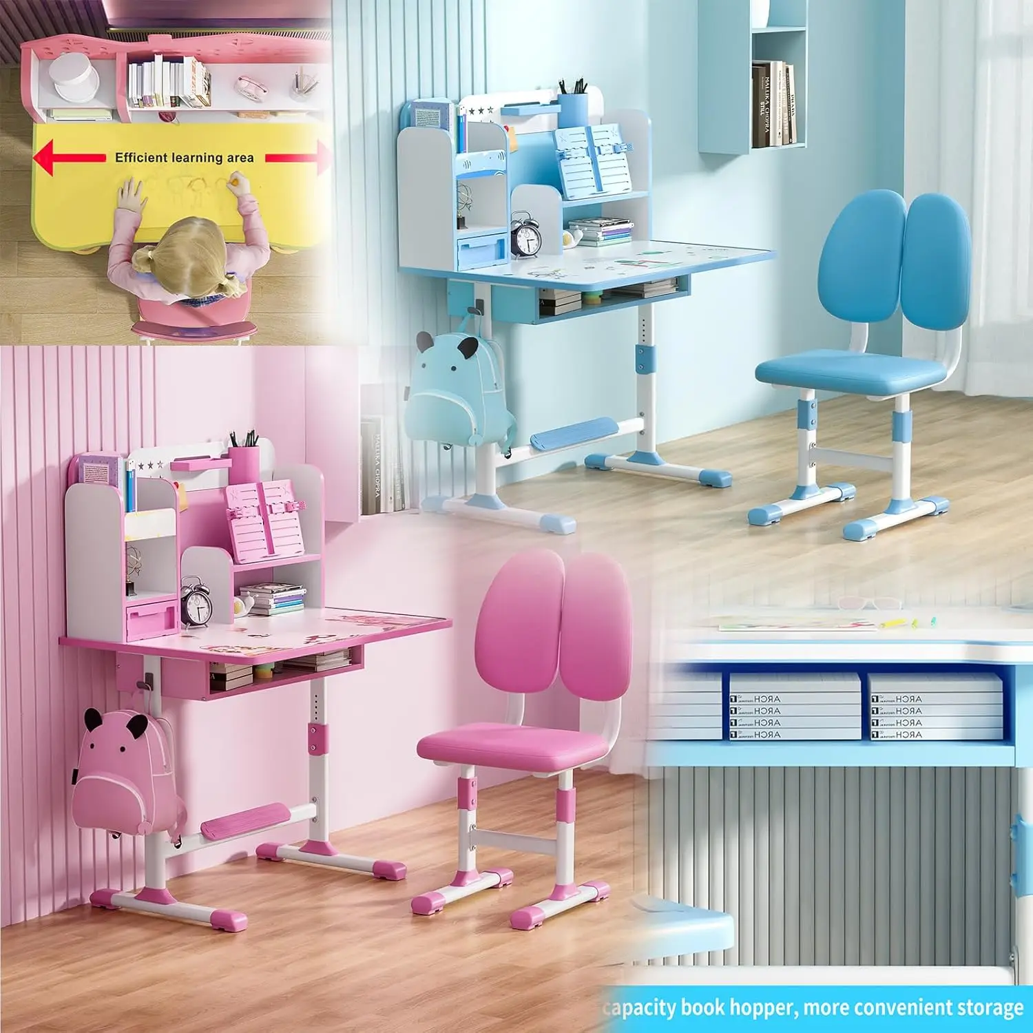 Small Desk, Kids Study Desk Chair Set, Height Adjustable Children School Study Table Chair Set with Sitting Corrector, Ergonomic