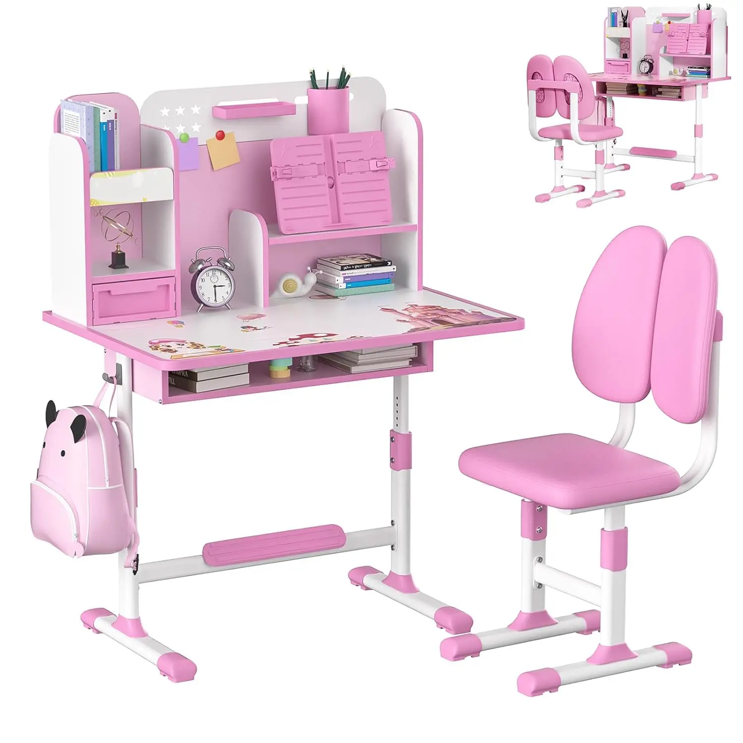 Small Desk, Kids Study Desk Chair Set, Height Adjustable Children School Study Table Chair Set with Sitting Corrector, Ergonomic