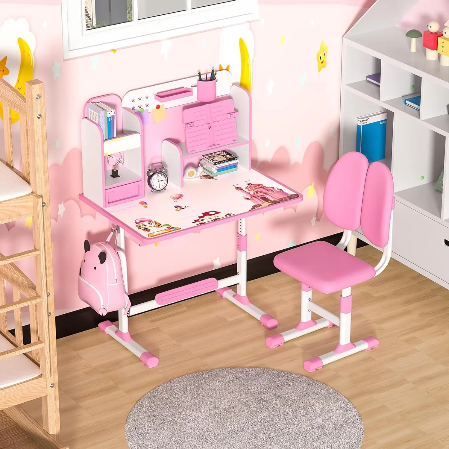 Small Desk, Kids Study Desk Chair Set, Height Adjustable Children School Study Table Chair Set with Sitting Corrector, Ergonomic