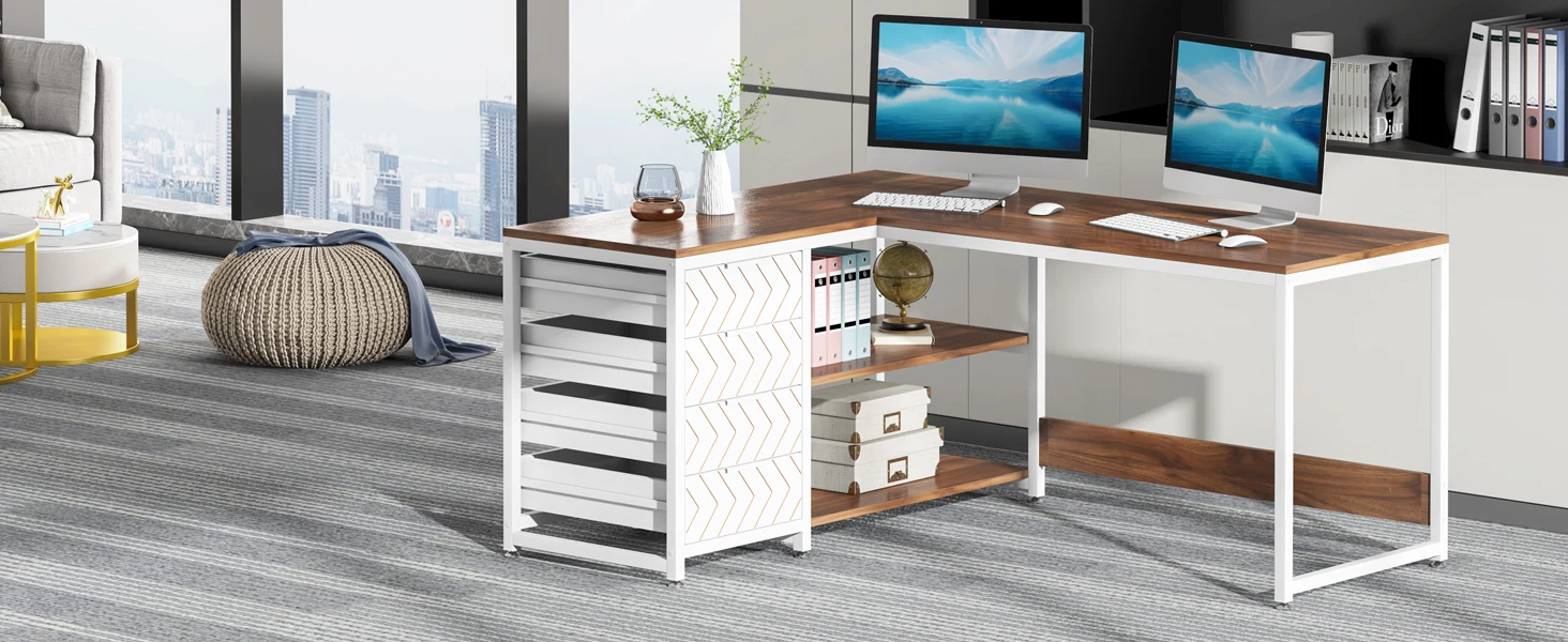 Tribesigns L Shaped Computer Desk with Storage Drawers, 59 inch Corner Desk with Shelves, Reversible L-Shaped Office Desk Study