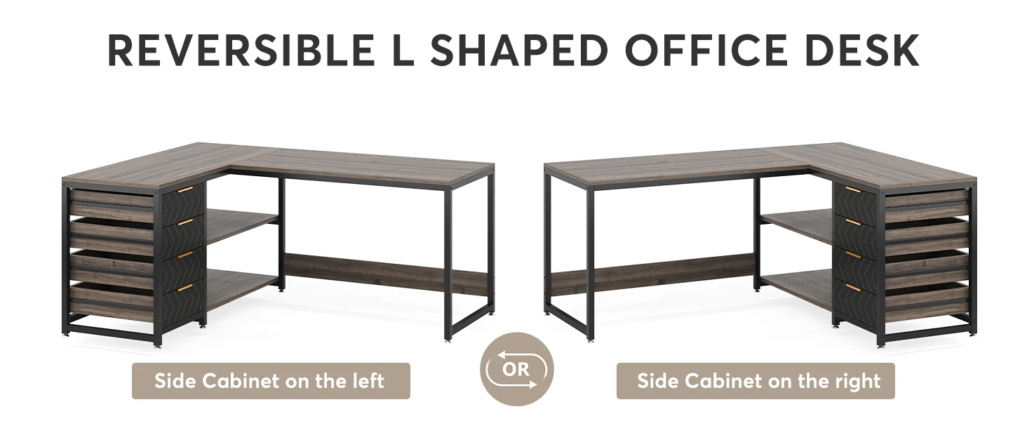 Tribesigns L Shaped Computer Desk with Storage Drawers, 59 inch Corner Desk with Shelves, Reversible L-Shaped Office Desk Study