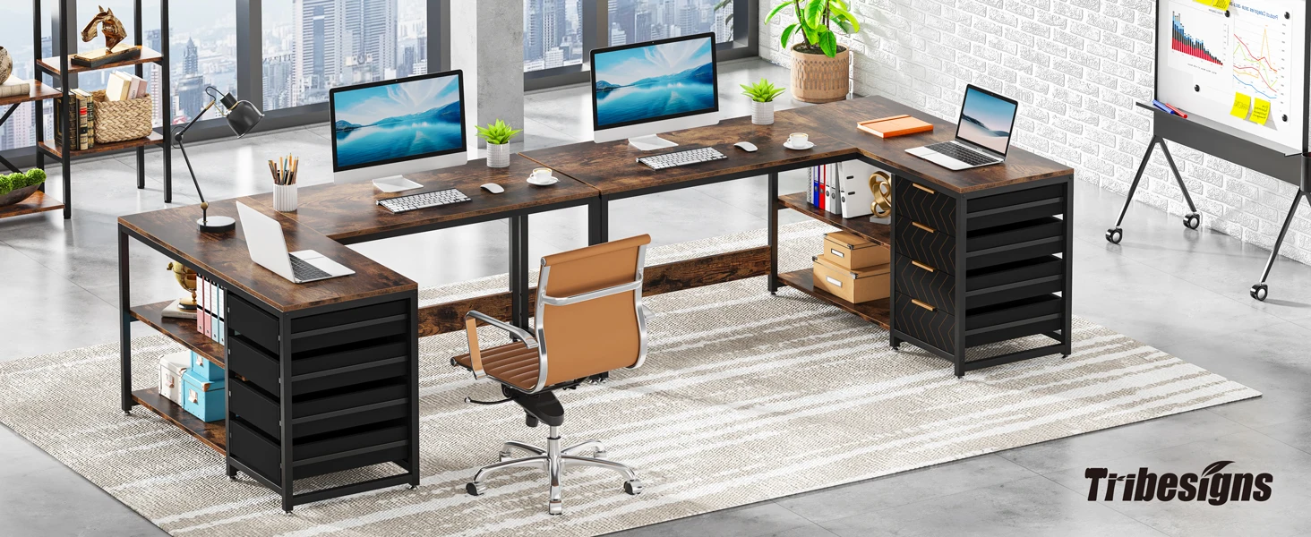 Tribesigns L Shaped Computer Desk with Storage Drawers, 59 inch Corner Desk with Shelves, Reversible L-Shaped Office Desk Study
