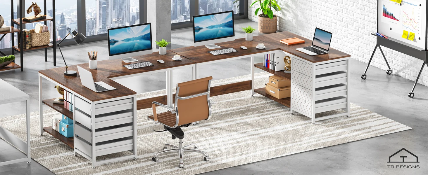 Tribesigns L Shaped Computer Desk with Storage Drawers, 59 inch Corner Desk with Shelves, Reversible L-Shaped Office Desk Study