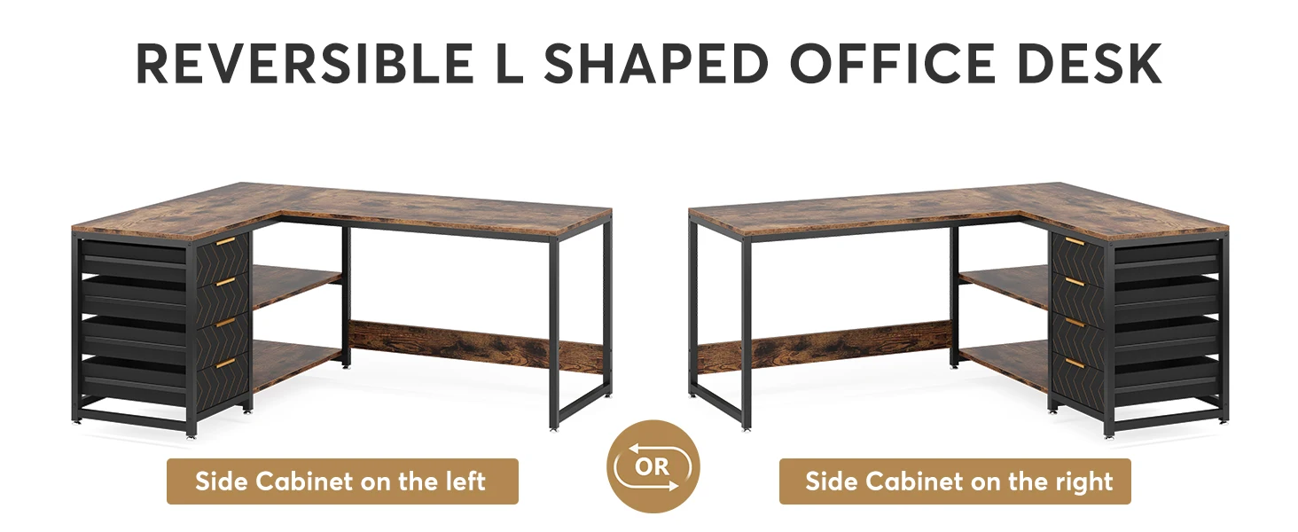 Tribesigns L Shaped Computer Desk with Storage Drawers, 59 inch Corner Desk with Shelves, Reversible L-Shaped Office Desk Study