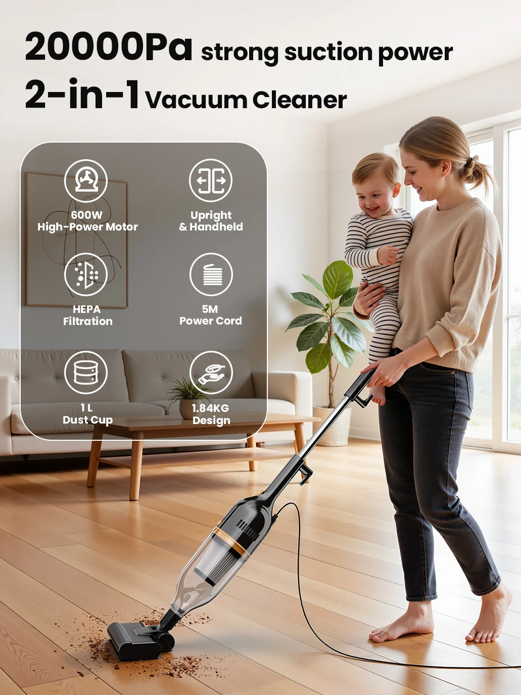 INSE R7 Corded Vacuum Cleaner Handheld Stick Vacuum 600W Powerful 3 In1 Lightweight Vacuum Cleaners for Home Hard Floor Pet Hair