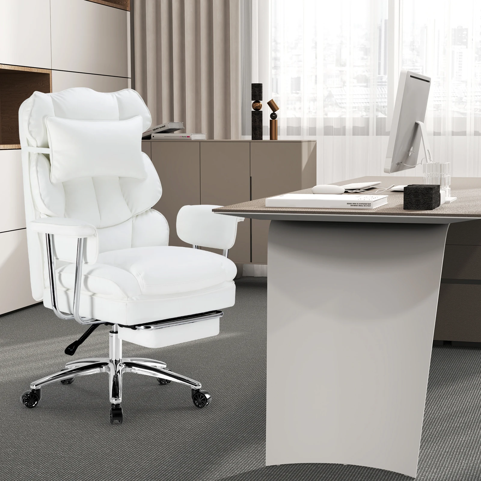 JHK PU Leather Ergonomic Office Computer Desk Chair High Back with Footrest Lumbar Support Height Adjustable For Home Office