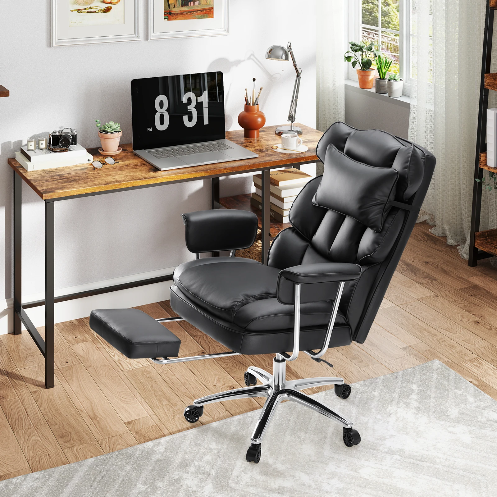 JHK PU Leather Ergonomic Office Computer Desk Chair High Back with Footrest Lumbar Support Height Adjustable For Home Office