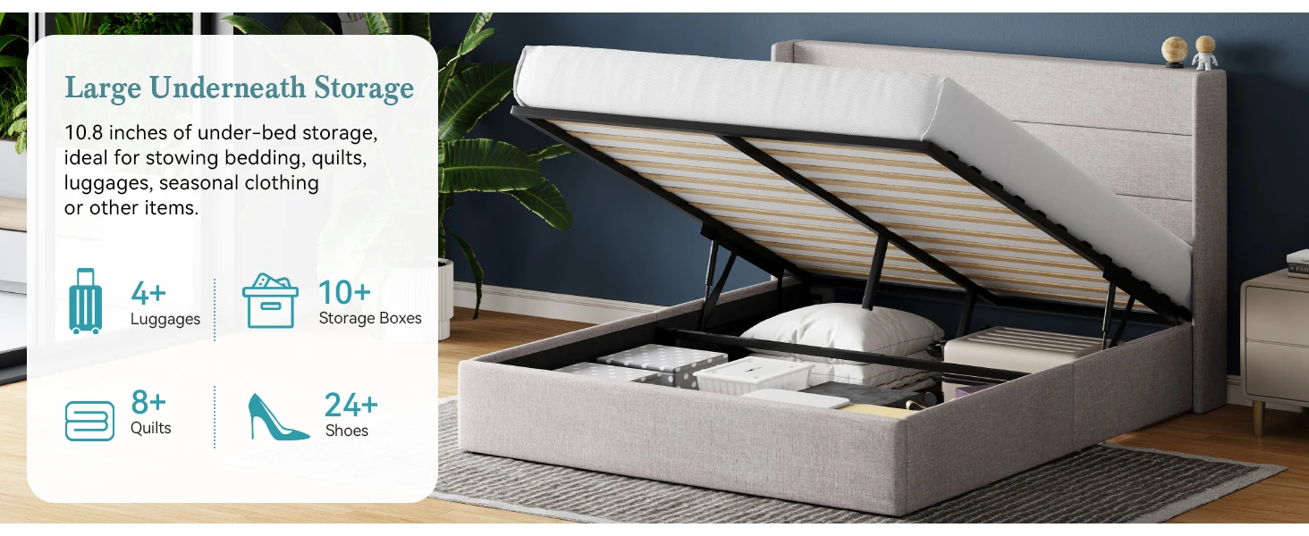 HOOMIC Lift Up Storage Bed with Wingback Headboard/Heavy-Duty Hydraulic Bed/Large Underneath Storage Allewie