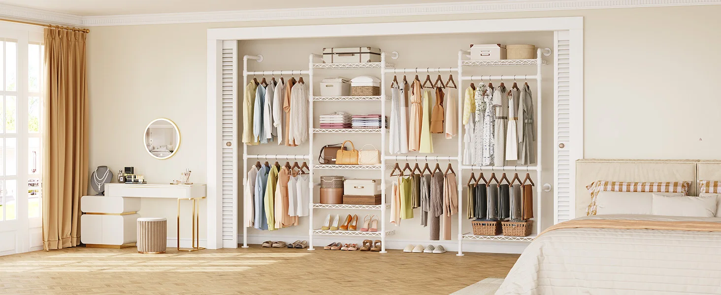 L4 Wall Mounted Industrial Pipe Clothes Rack, Closet Organizer System with Rods Expandable, Clothing Rack, Corner Garment Rack