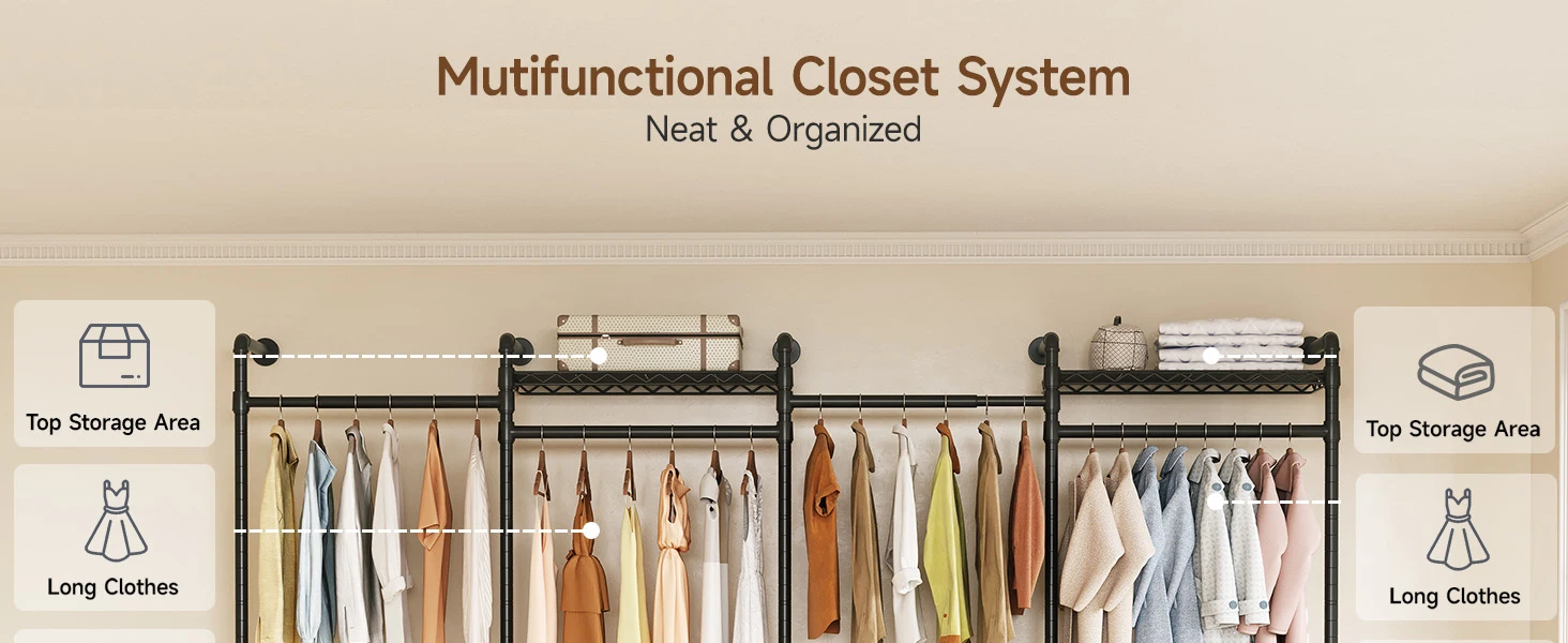 L4 Wall Mounted Industrial Pipe Clothes Rack, Closet Organizer System with Rods Expandable, Clothing Rack, Corner Garment Rack