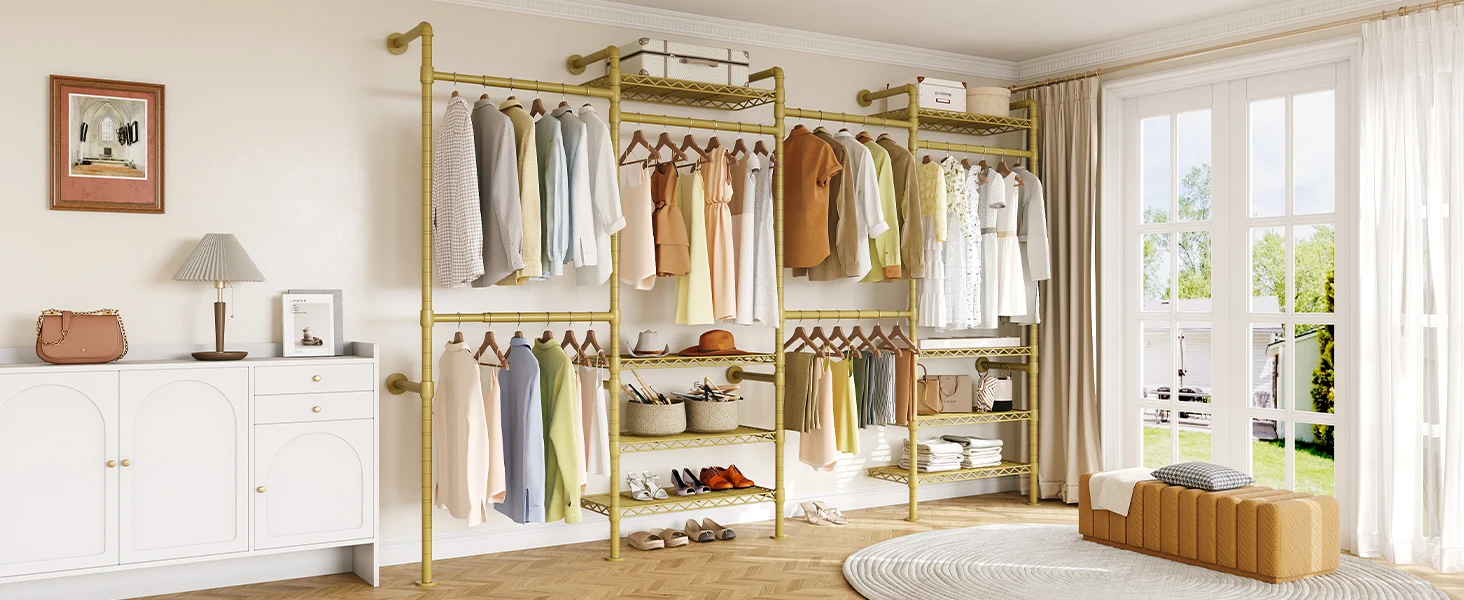 L4 Wall Mounted Industrial Pipe Clothes Rack, Closet Organizer System with Rods Expandable, Clothing Rack, Corner Garment Rack