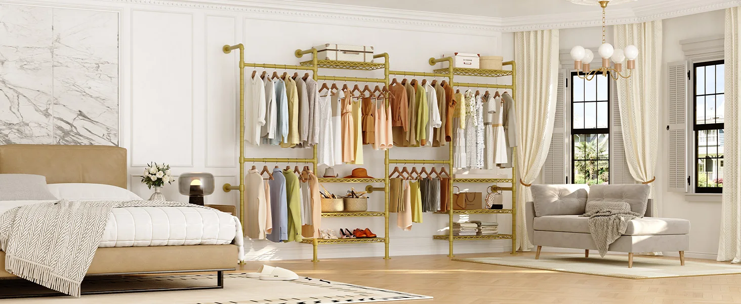 L4 Wall Mounted Industrial Pipe Clothes Rack, Closet Organizer System with Rods Expandable, Clothing Rack, Corner Garment Rack