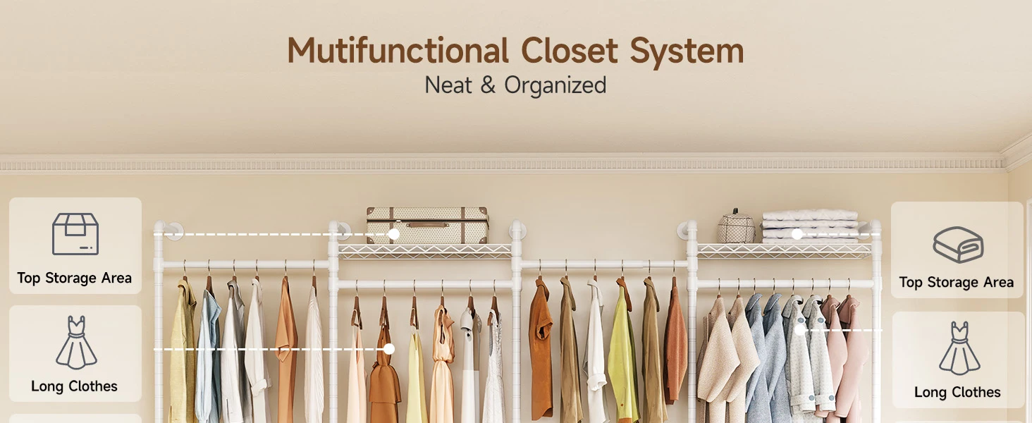 L4 Wall Mounted Industrial Pipe Clothes Rack, Closet Organizer System with Rods Expandable, Clothing Rack, Corner Garment Rack