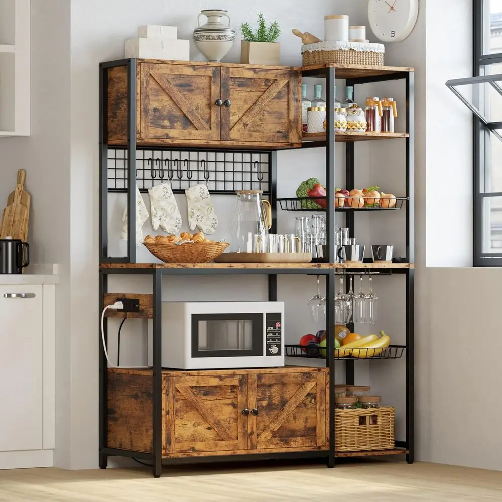 IRONCK Bakers Rack with 2 Storage Cabinets and Power Outlet, 45.3 Inch Kitchen Microwave Stand with Storage, Coffee Bar Cabinet