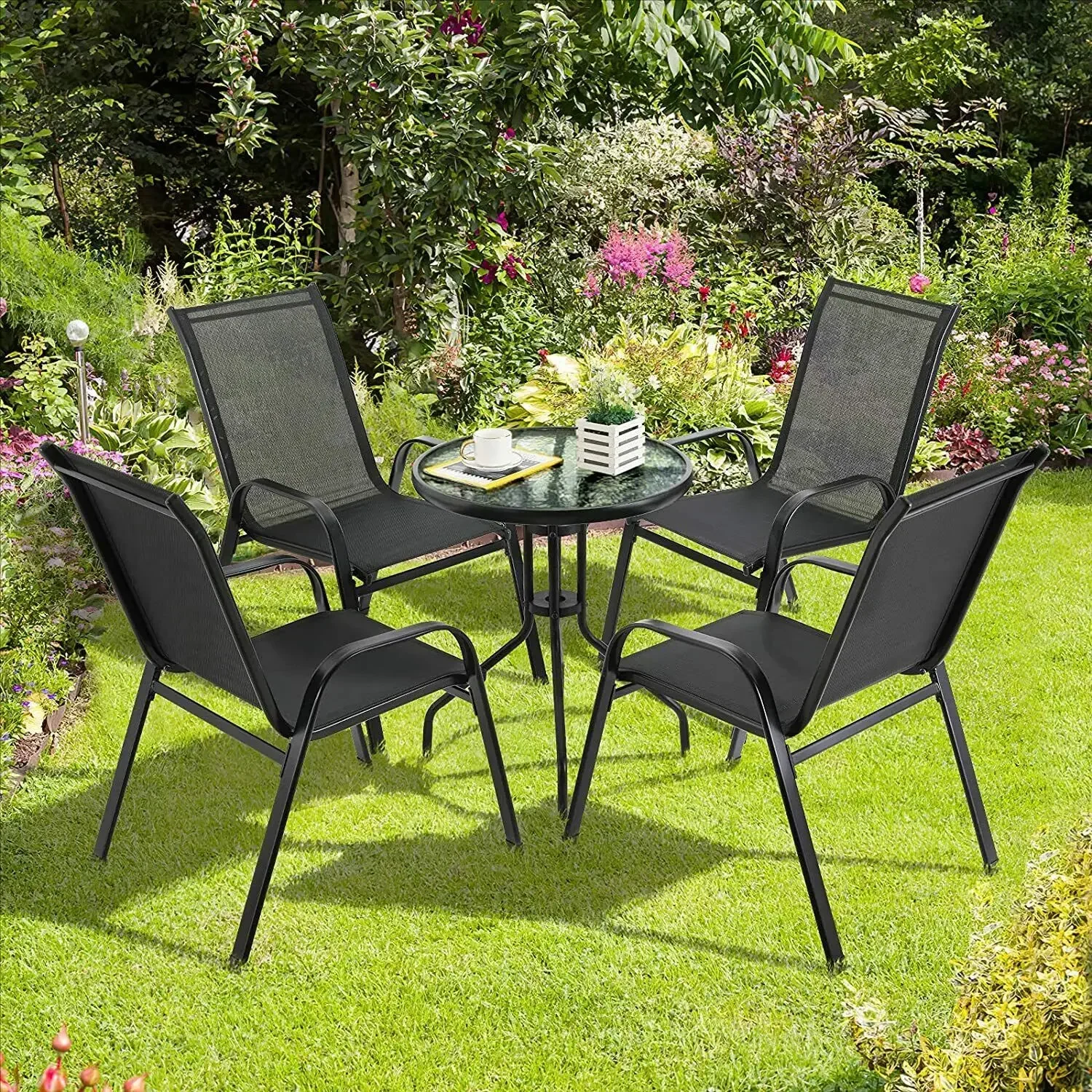 4PCS Garden Chairs Steel-iron+Teslin Fabric Folding High Back Balcony Chair Camping Chair Outdoor Seating Group Load 150kg Black