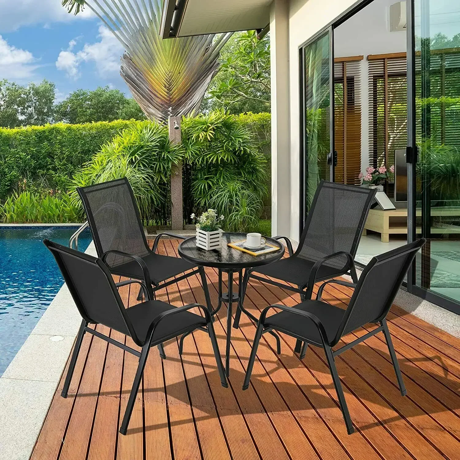 4PCS Garden Chairs Steel-iron+Teslin Fabric Folding High Back Balcony Chair Camping Chair Outdoor Seating Group Load 150kg Black