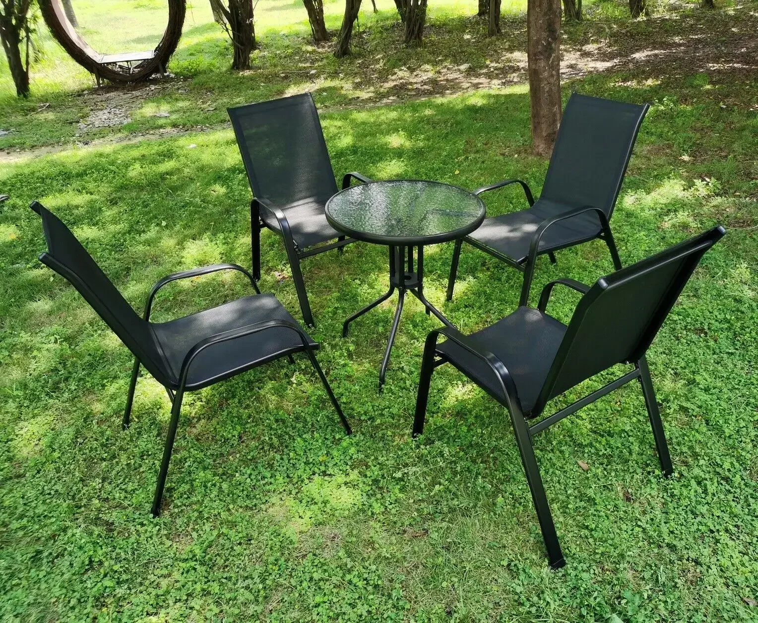 4PCS Garden Chairs Steel-iron+Teslin Fabric Folding High Back Balcony Chair Camping Chair Outdoor Seating Group Load 150kg Black