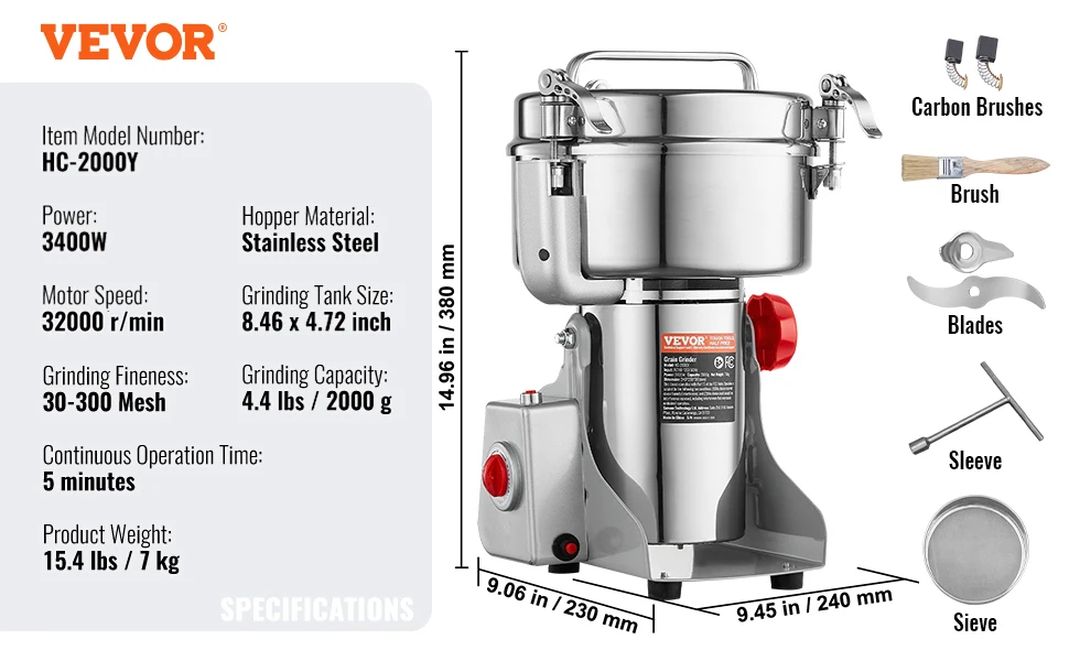 SucceBuy 150-2500g Electric Grain Mill Grinder Commercial Swing Spice Grinders for Dry Herbs Grains Spices Cereals Coffee Corn
