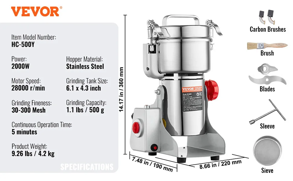 SucceBuy 150-2500g Electric Grain Mill Grinder Commercial Swing Spice Grinders for Dry Herbs Grains Spices Cereals Coffee Corn