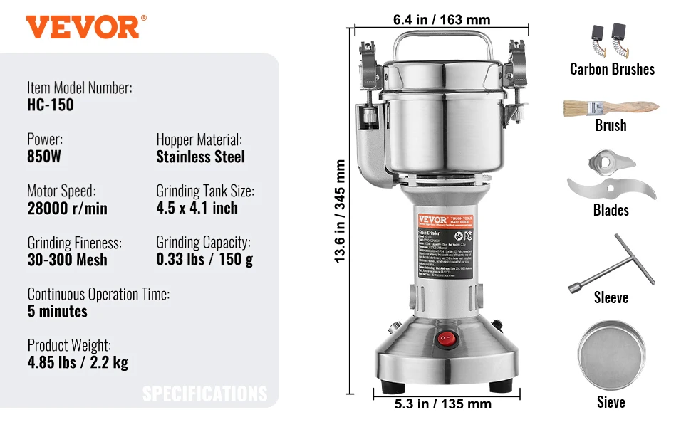 SucceBuy 150-2500g Electric Grain Mill Grinder Commercial Swing Spice Grinders for Dry Herbs Grains Spices Cereals Coffee Corn