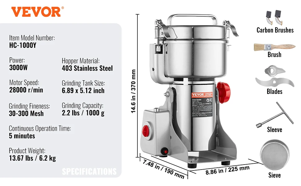 SucceBuy 150-2500g Electric Grain Mill Grinder Commercial Swing Spice Grinders for Dry Herbs Grains Spices Cereals Coffee Corn