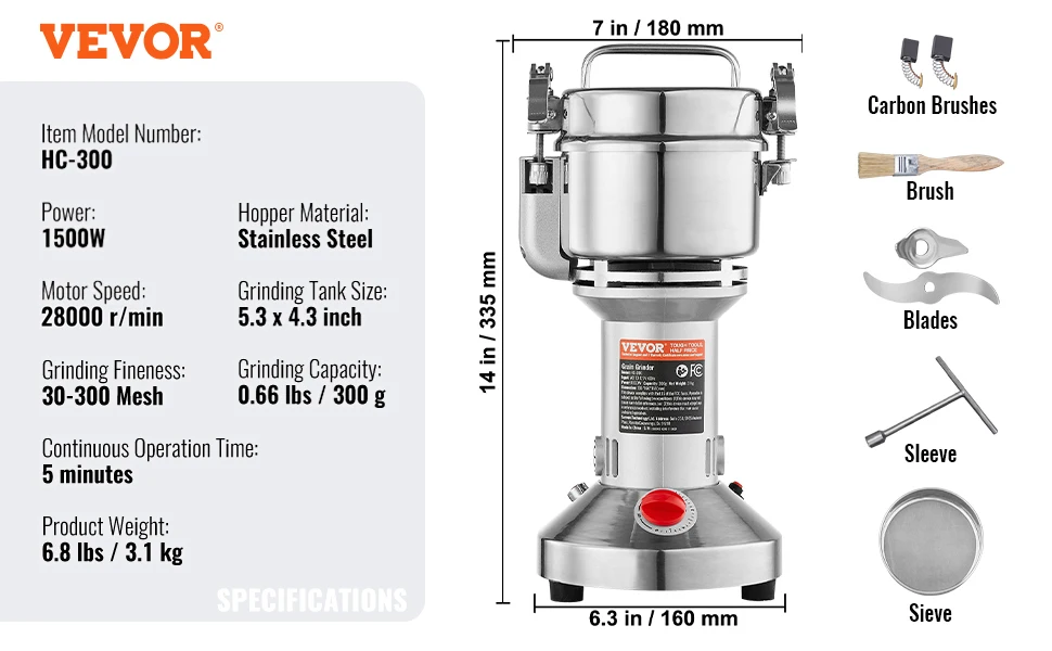 SucceBuy 150-2500g Electric Grain Mill Grinder Commercial Swing Spice Grinders for Dry Herbs Grains Spices Cereals Coffee Corn