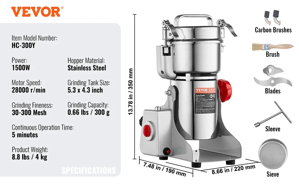 SucceBuy 150-2500g Electric Grain Mill Grinder Commercial Swing Spice Grinders for Dry Herbs Grains Spices Cereals Coffee Corn