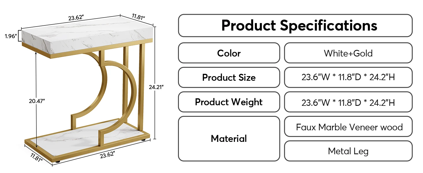 White Gold C Shaped End Table Modern Bedside Table Small Side Table for Couch, Sofa Table with Metal Frame for Living Room